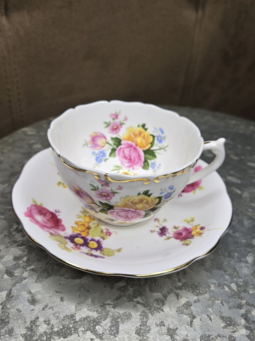 Vintage Foley E.B. Bone China Floral Teacup & Heathcote Saucer England Gold Trim